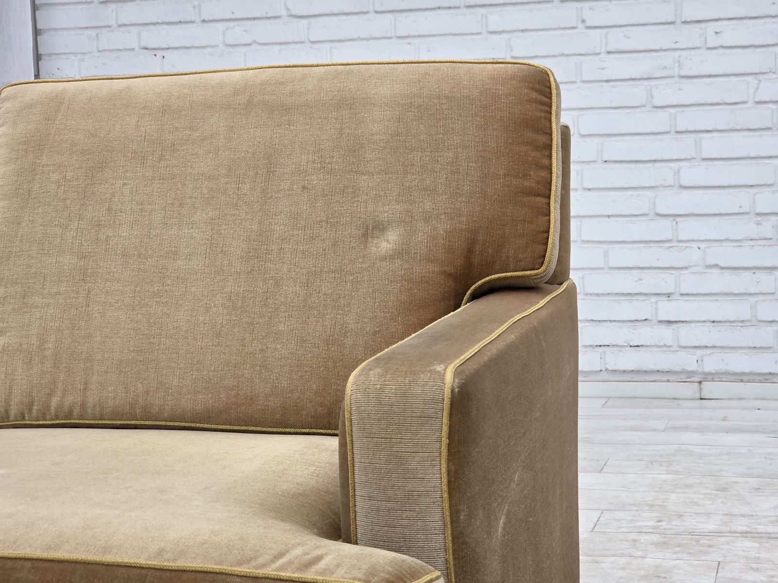 1970s, Danish 2 Seater Sofa, Honey Yellow Furniture Velour. photo Furniture