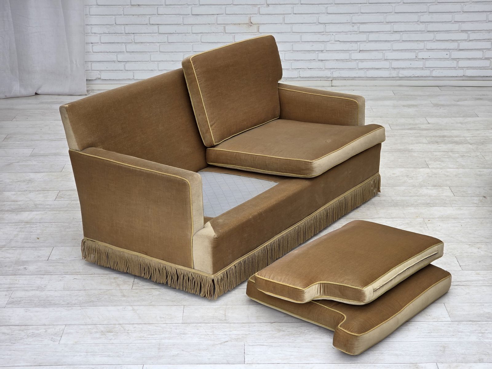 Furniture 1970s, Danish 2 Seater Sofa, Honey Yellow Furniture Velour. photo