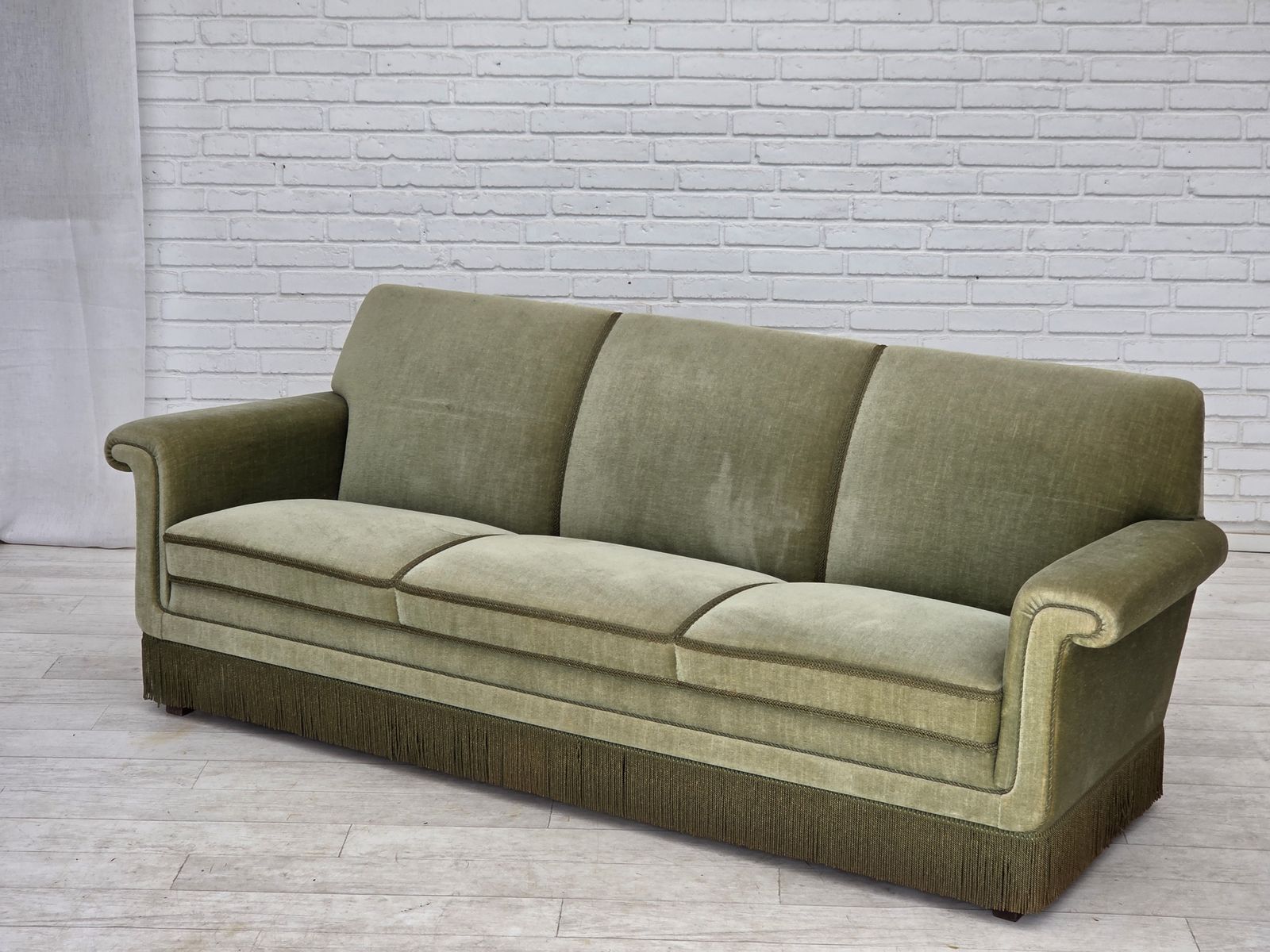 photo buy 1970s, Danish 3 Seater Sofa, Green Furniture Velour, Beech Wood.