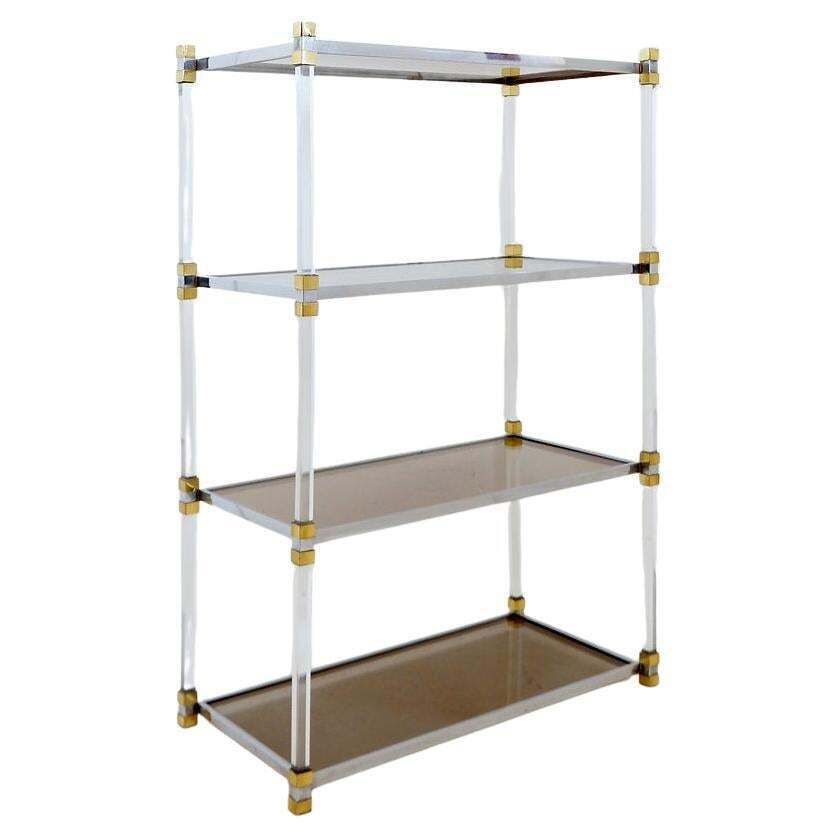 Claustra Shelf In Plexiglass, Smoked Glass And Brass, Charles Hollis Jones Style