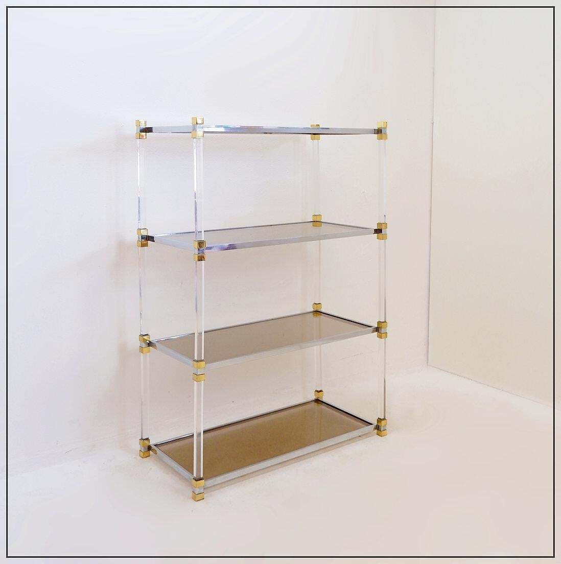 photo vinterior Claustra Shelf In Plexiglass, Smoked Glass And Brass, Charles Hollis Jones Style