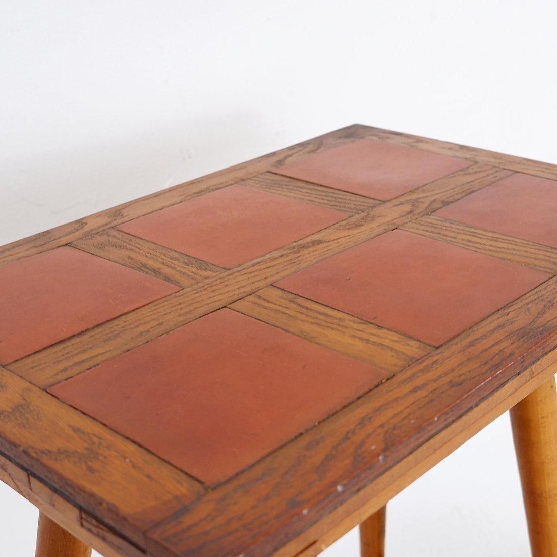 Vintage Wooden Side Table With Terracotta Tile Top   1960s photo Furniture