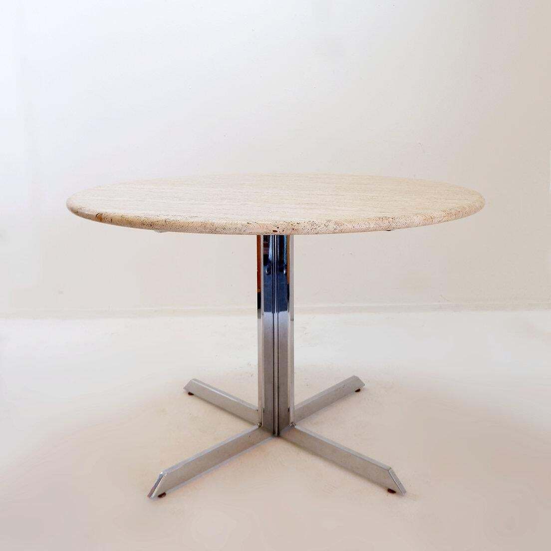 Round Travertine Dining Table With Chrome Base, 1970s   ø120cm photo for sale
