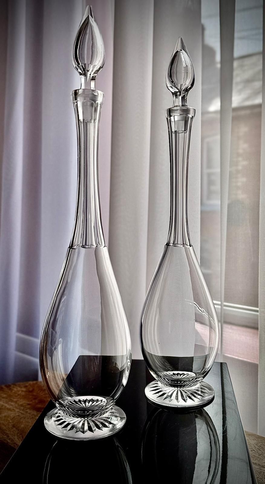 photo for sale Pair Of Antique Clear Glass Teardrop Decanters