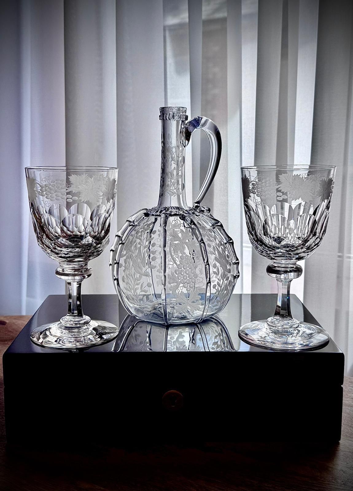 19th Century Engraved Glass Claret Jug With Pair Of Crystal Wine Goblets photo for sale