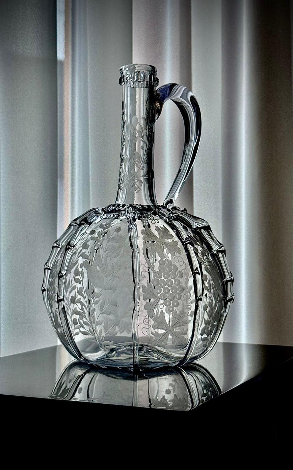 photo buy 19th Century Engraved Glass Claret Jug With Pair Of Crystal Wine Goblets