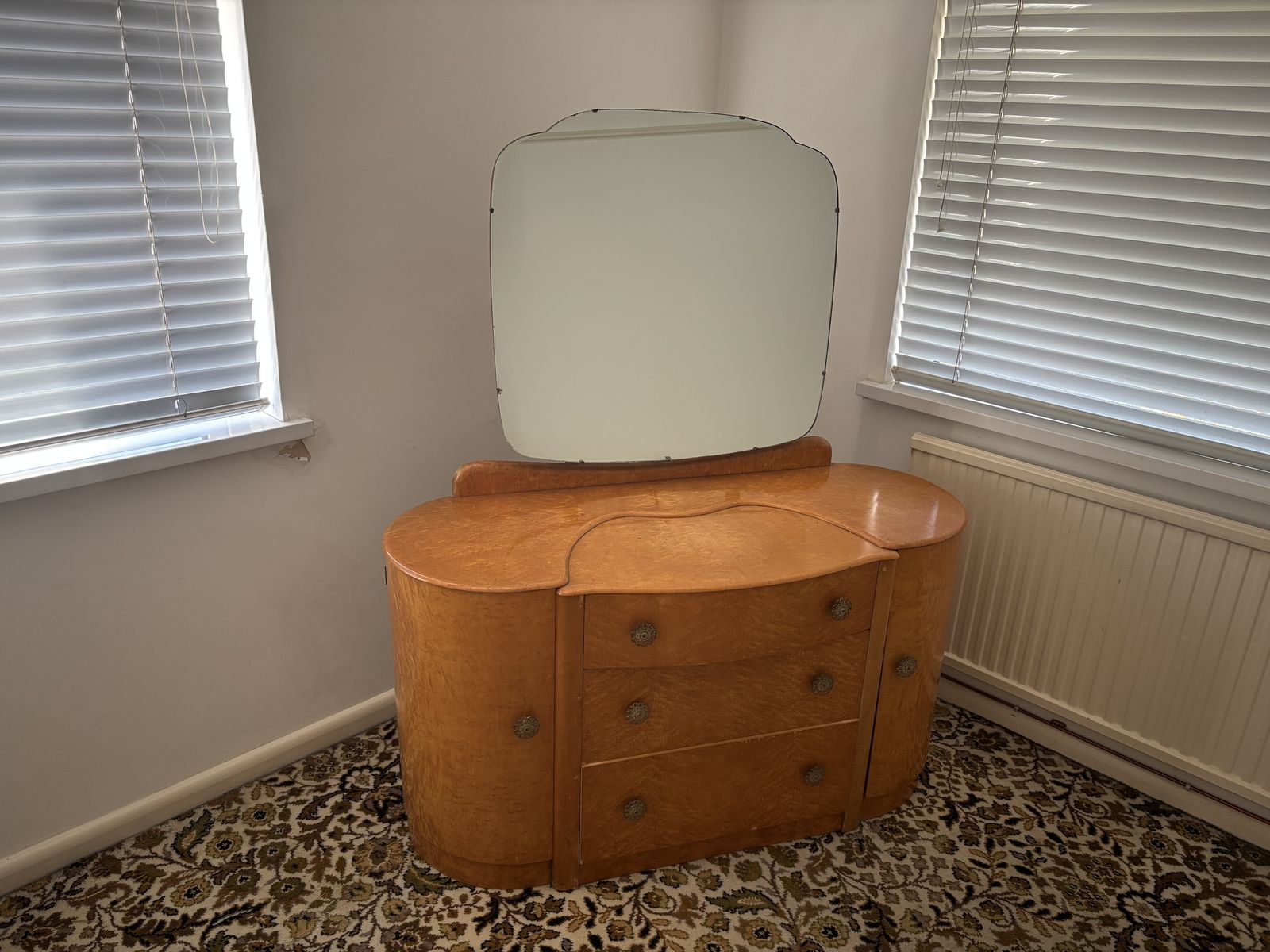 Art Deco Burr Walnut Dressing Chest / Vanity With Mirror & Curved Side Cupboards, C.1930s