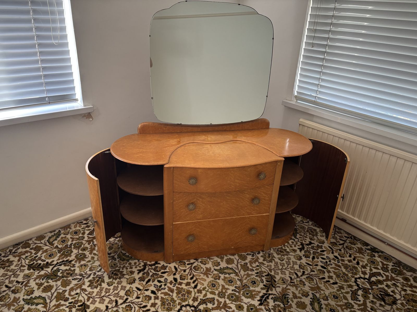 Art Deco Burr Walnut Dressing Chest / Vanity With Mirror & Curved Side Cupboards, C.1930s photo furniture