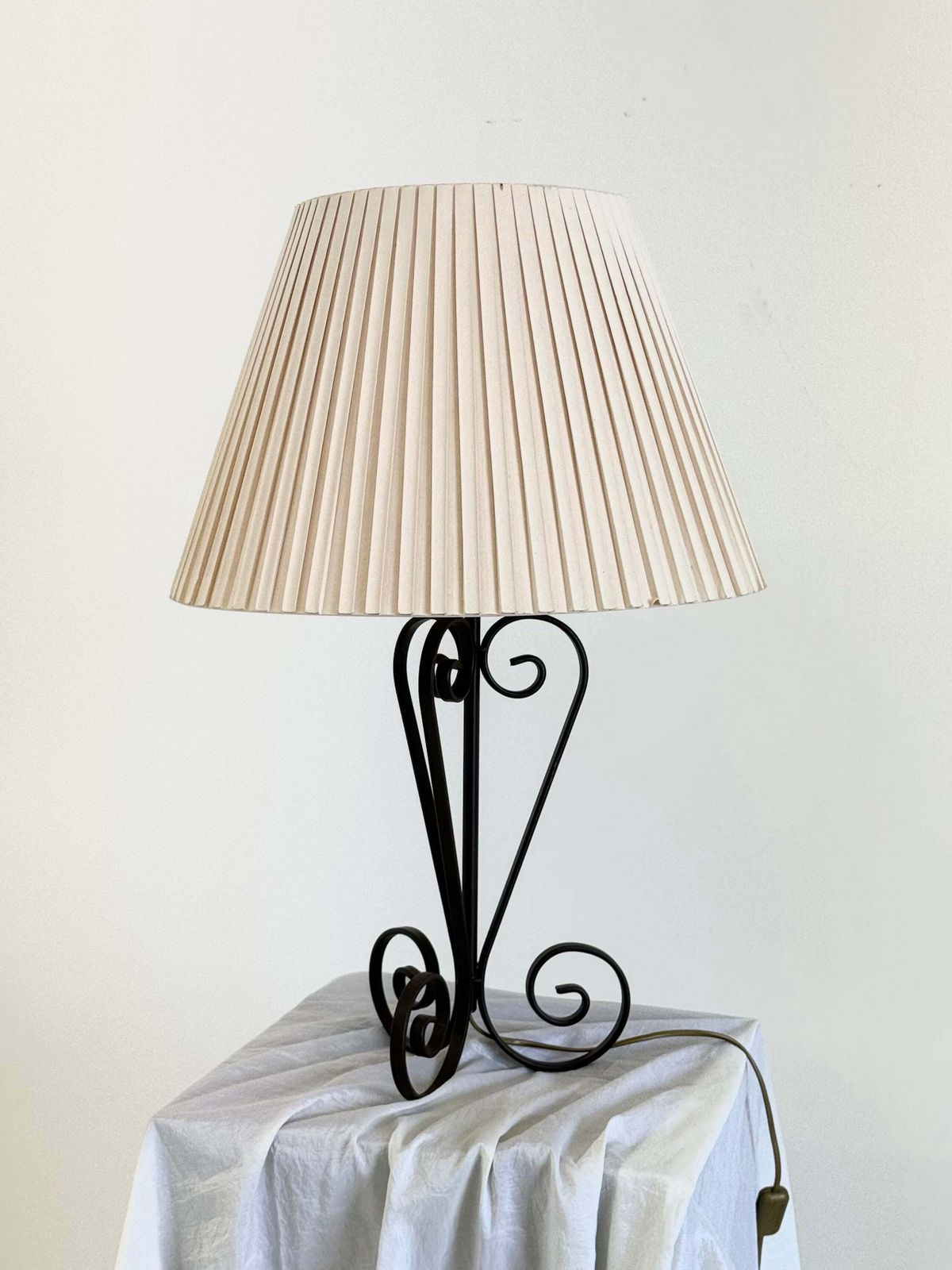 Vintage Wrought Iron Table Lamp In A Swirl Shape With A Pleated Shade photo furniture