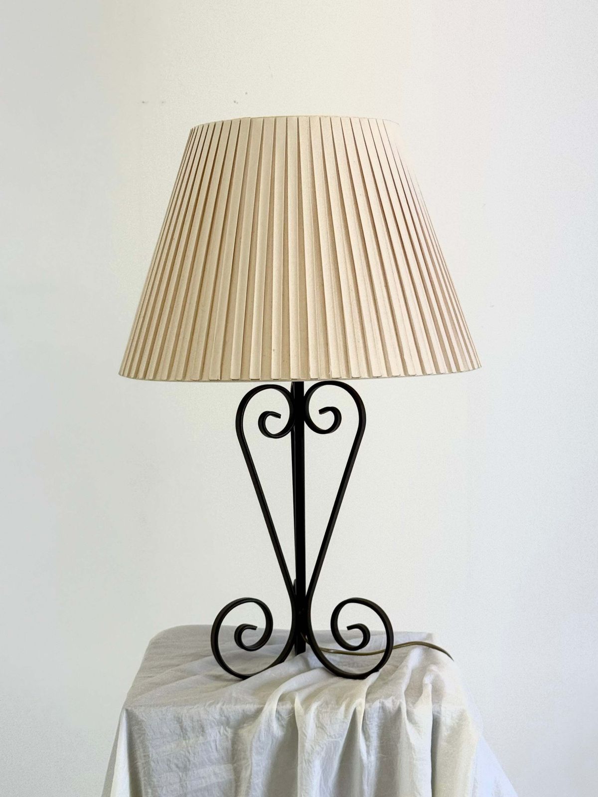 Vintage Wrought Iron Table Lamp In A Swirl Shape With A Pleated Shade photo 295.0