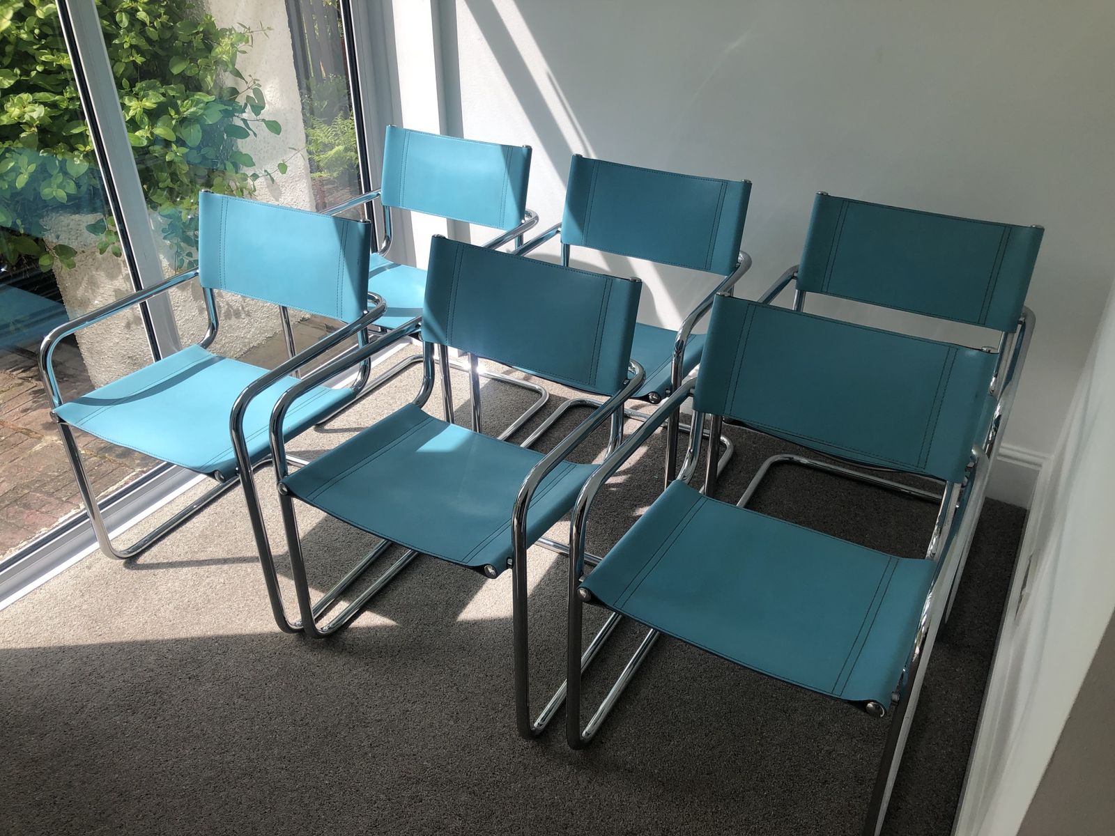 Six Cantilevered Office/Dining Chairs In Turquoise Blue Leather And Chrome