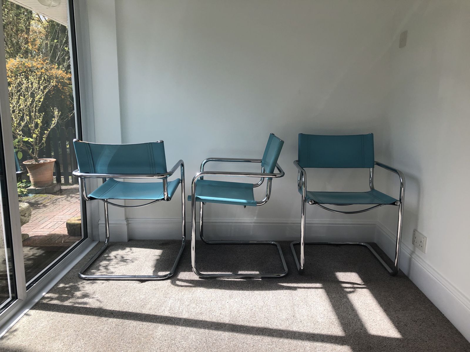 Six Cantilevered Office/Dining Chairs In Turquoise Blue Leather And Chrome photo furniture