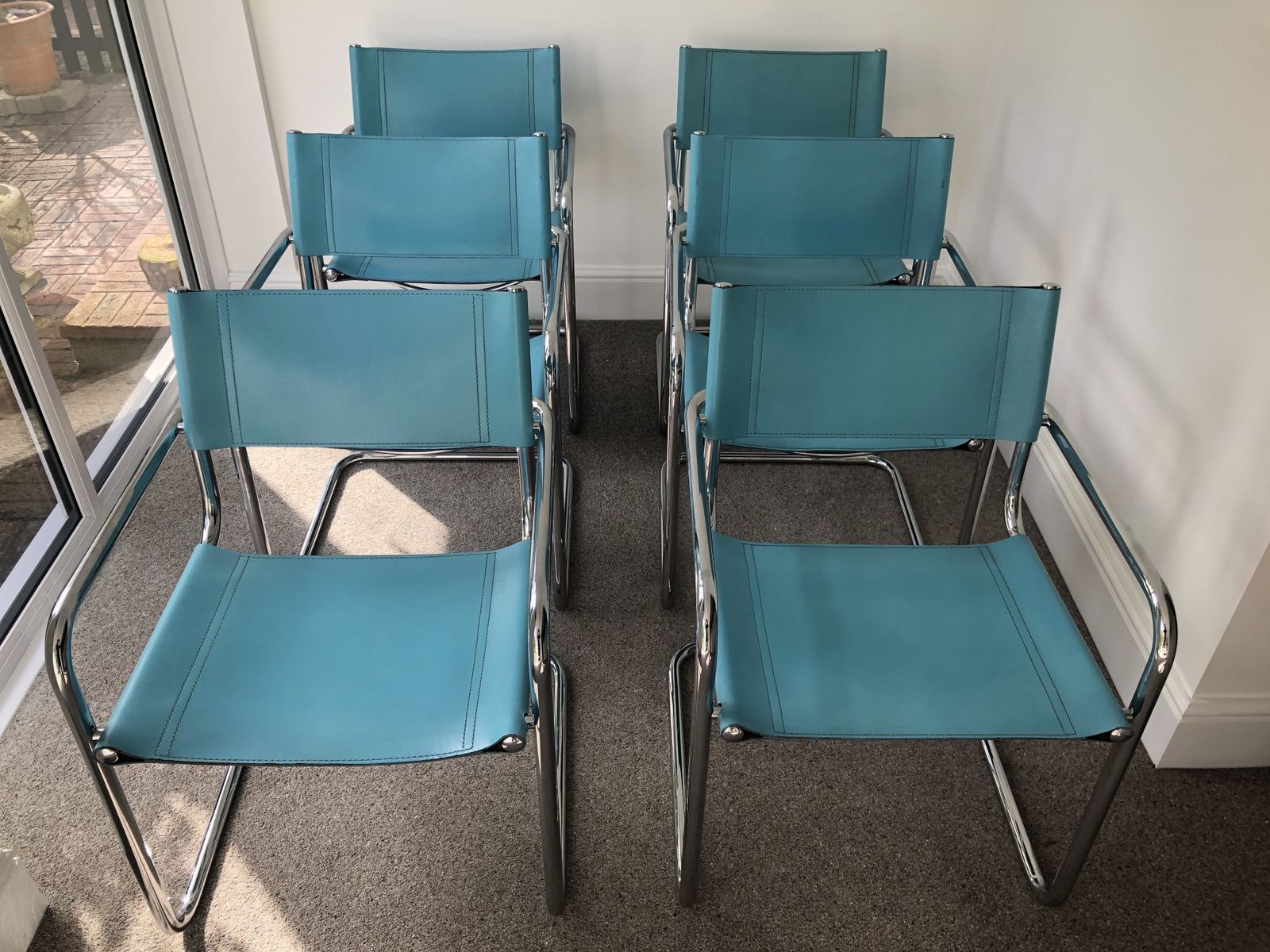 Furniture Six Cantilevered Office/Dining Chairs In Turquoise Blue Leather And Chrome photo