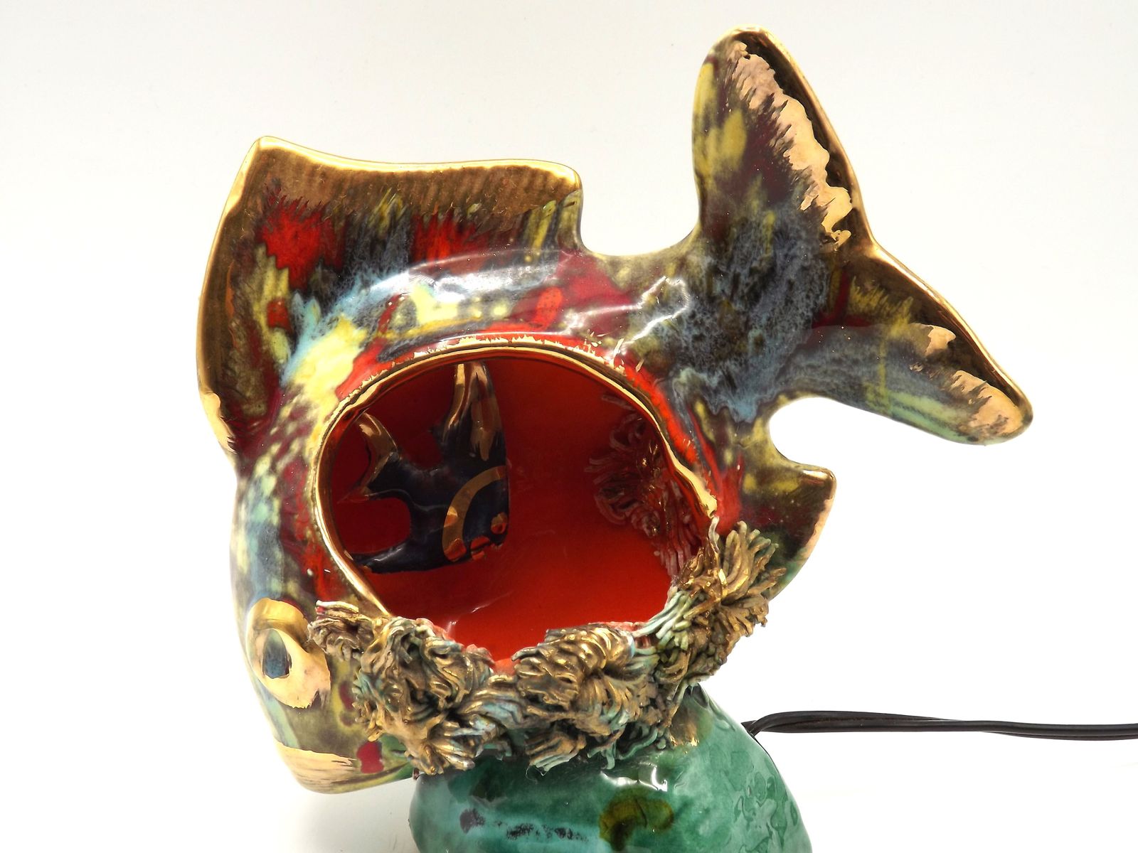 Lampe de table en céramique de Vallauris, poisson polychrome, estampillée, années 1950 photo vinterior