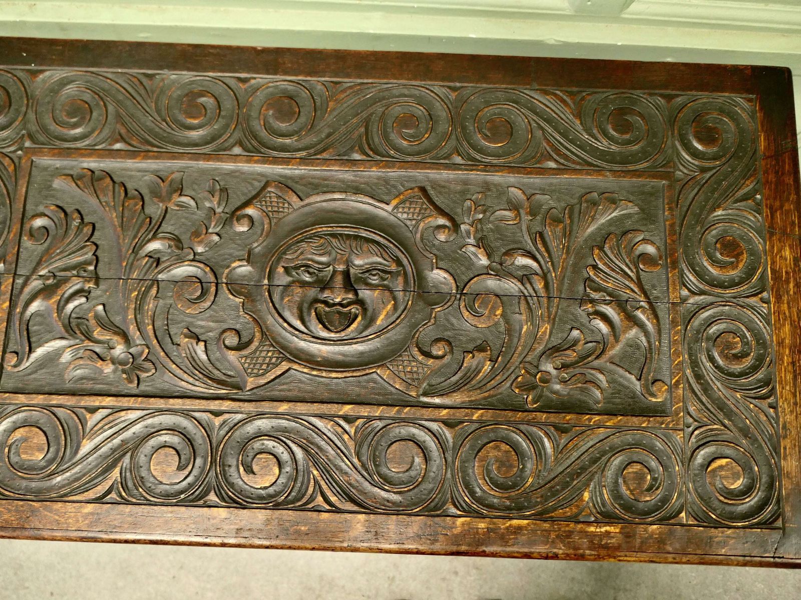 Cottage Size Green Man Carved Oak Mule Chest This Is A Beautifully Carved Mule Chest photo for sale