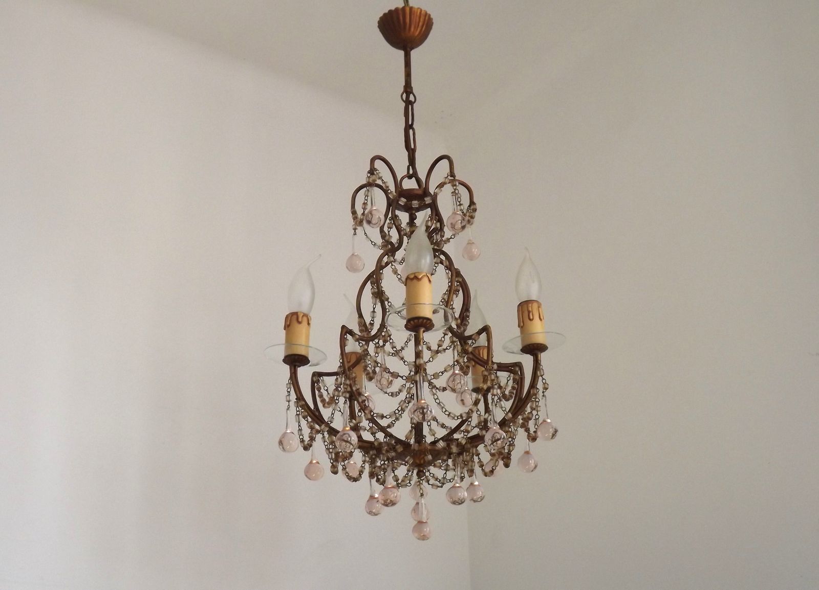 Vintage Italian 5 Arm Gilded Metal Cage Chandelier Seed Bead Swags & Pale Pink Murano Drops