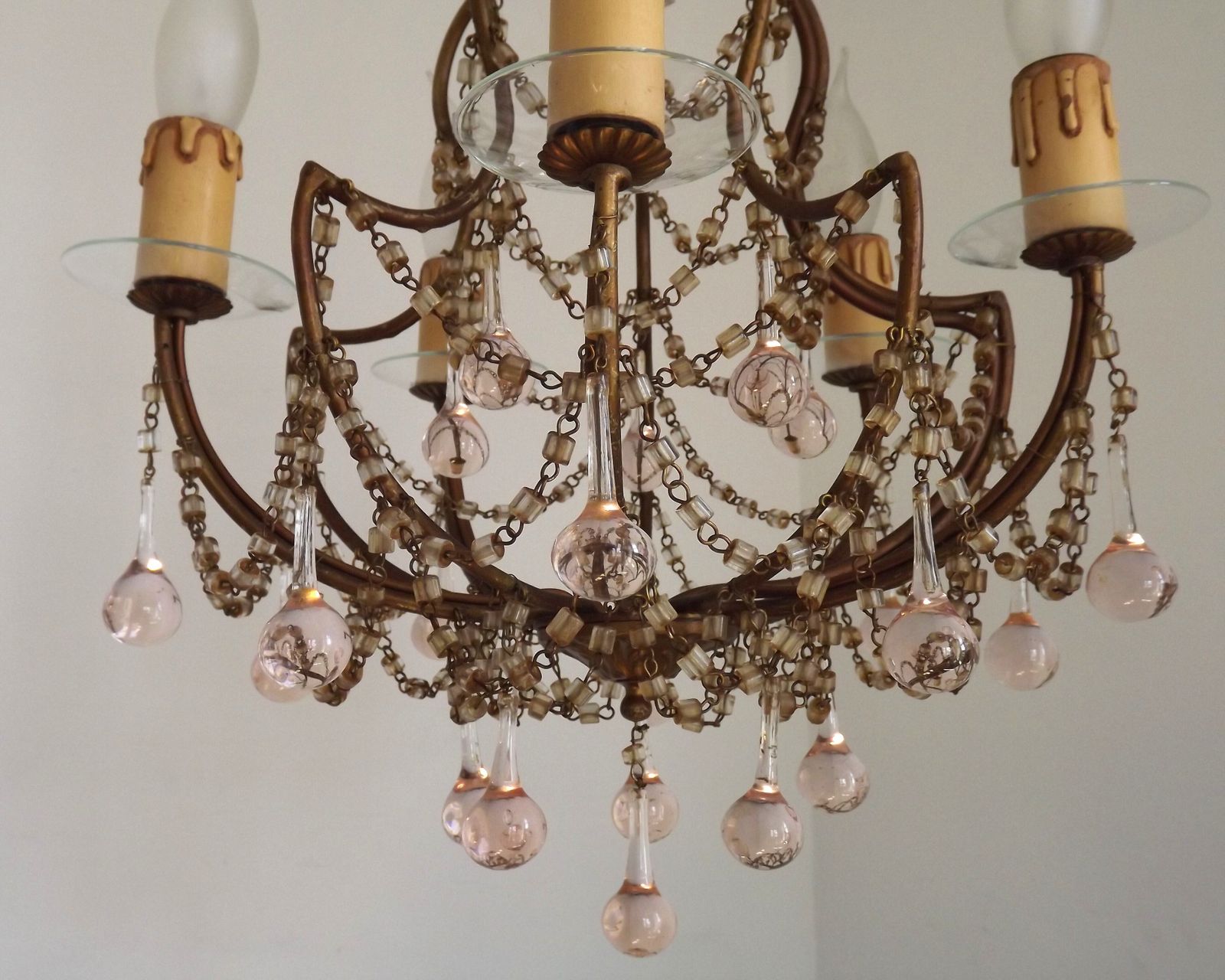 photo furniture Vintage Italian 5 Arm Gilded Metal Cage Chandelier Seed Bead Swags & Pale Pink Murano Drops