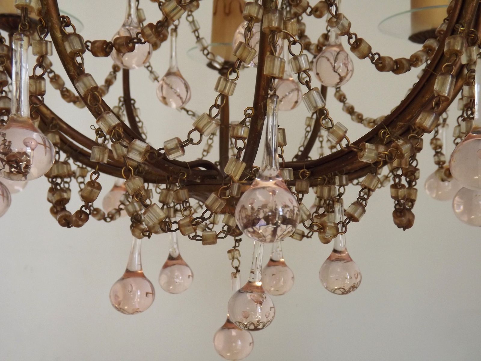 photo for sale Vintage Italian 5 Arm Gilded Metal Cage Chandelier Seed Bead Swags & Pale Pink Murano Drops
