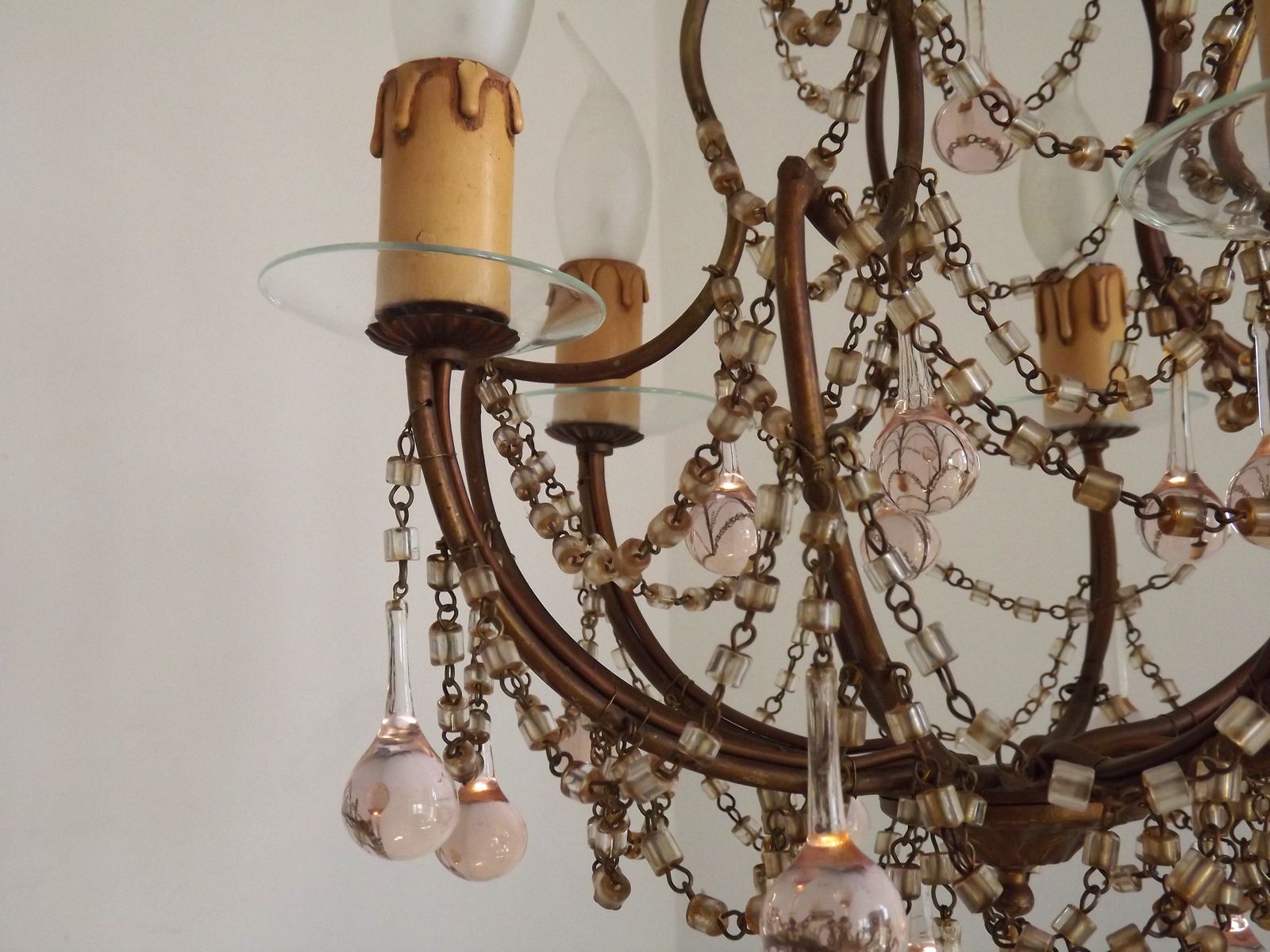425.0 Vintage Italian 5 Arm Gilded Metal Cage Chandelier Seed Bead Swags & Pale Pink Murano Drops photo