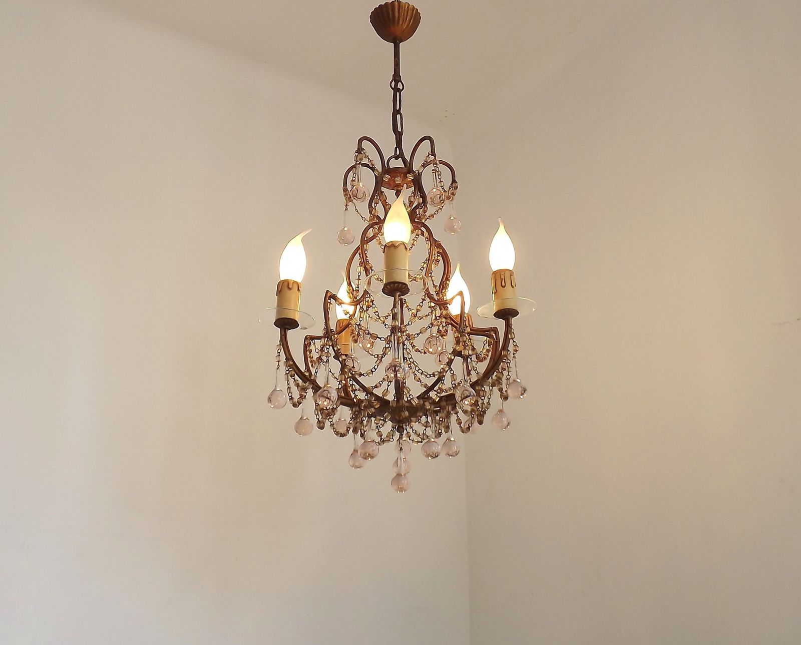 Vintage Italian 5 Arm Gilded Metal Cage Chandelier Seed Bead Swags & Pale Pink Murano Drops photo furniture