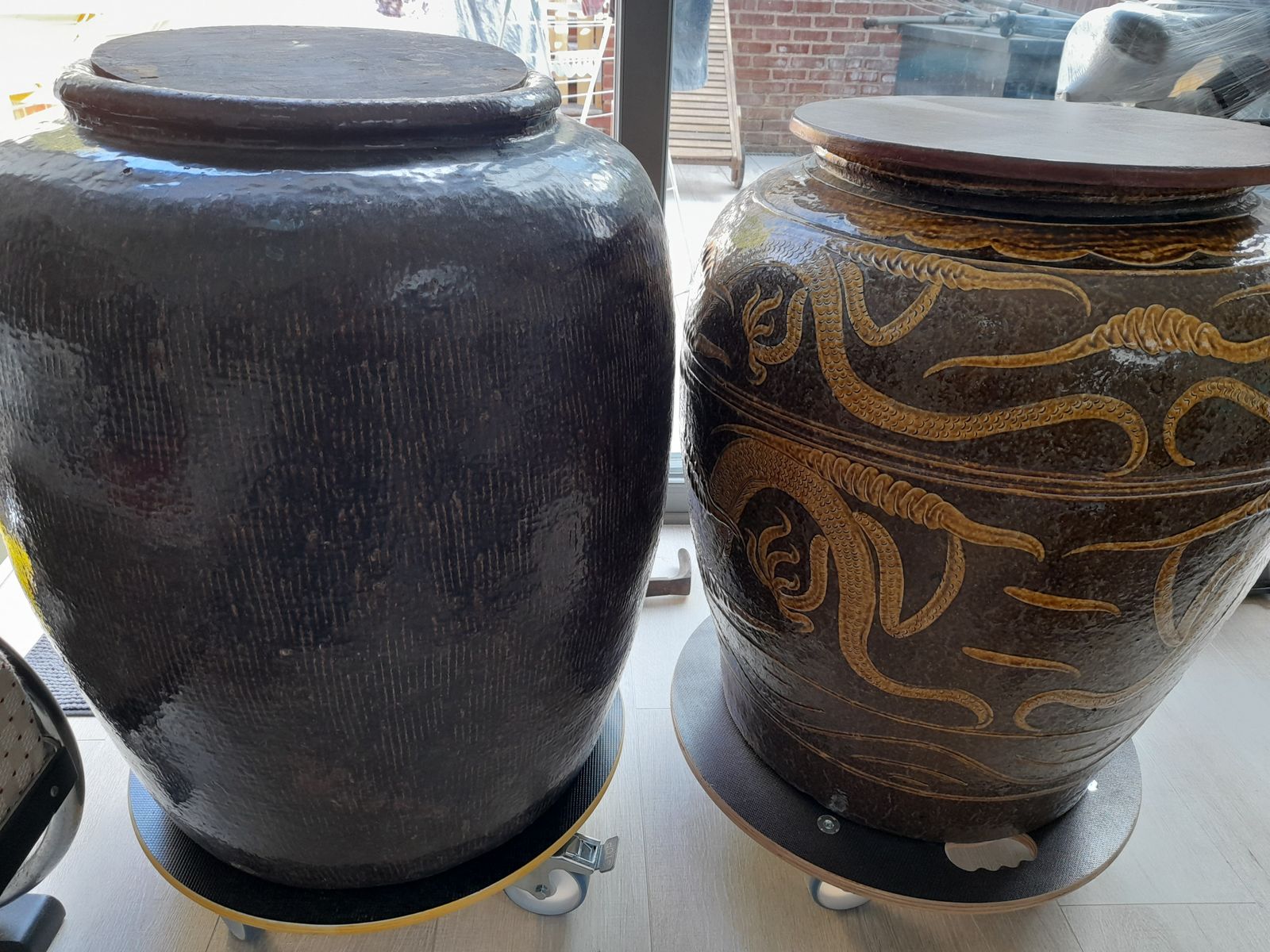 Pair Large 19th Century Chinese Ceramic Rice Jars   Shanxi