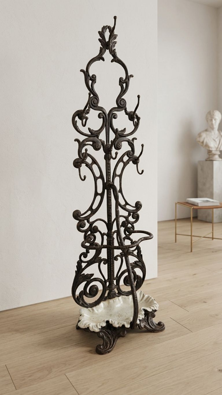 Antique Cast Iron Hall Stand, Victorian Coat Rack With Marble Base, Ornate Hall Tree, 19th Century photo furniture