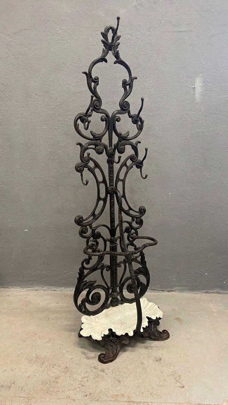 Antique Cast Iron Hall Stand, Victorian Coat Rack With Marble Base, Ornate Hall Tree, 19th Century photo vinterior