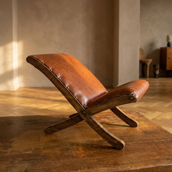 Old Retro Footstool, Mid Century Wooden Leather Stool, Mid 20th Century, European