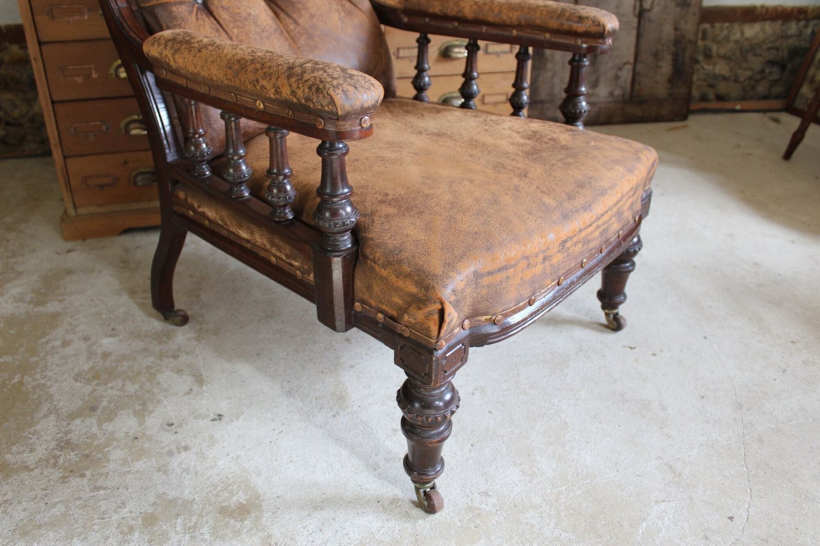 photo for sale Chair Wonderful Victorian Leather Armchair Walnut C1880