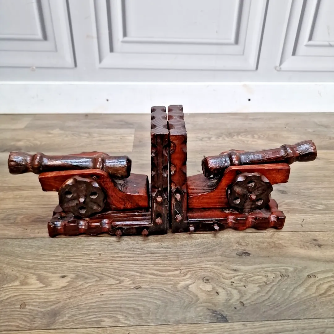 Retro Vintage Pair Bookends Carved Wooden Cannon – Nautical Military Decorative