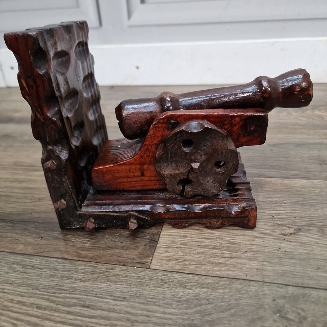 photo for sale Retro Vintage Pair Bookends Carved Wooden Cannon – Nautical Military Decorative
