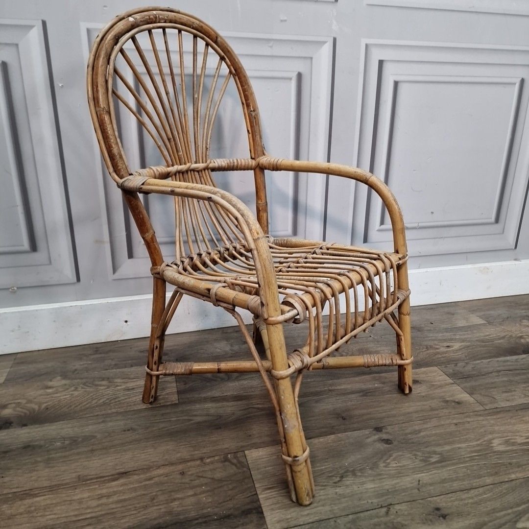 Retro Vintage Childs Chair Small Rattan Mid Century Seat Boho Tiki Bamboo Doll