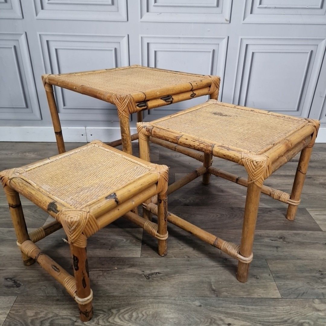 Vintage Nest Of Tables Bamboo & Rattan – Boho Mid Century Cane Side Table Nested photo for sale