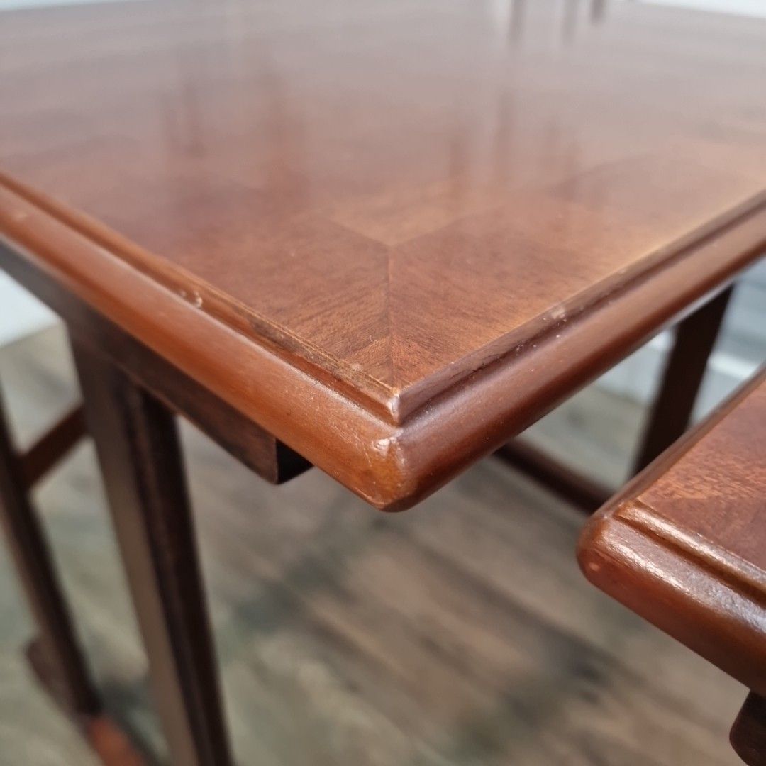 photo for sale Vintage Mahogany Veneer Tables Nest Of 3 – Square Tops – Retro Side Lamp Tables