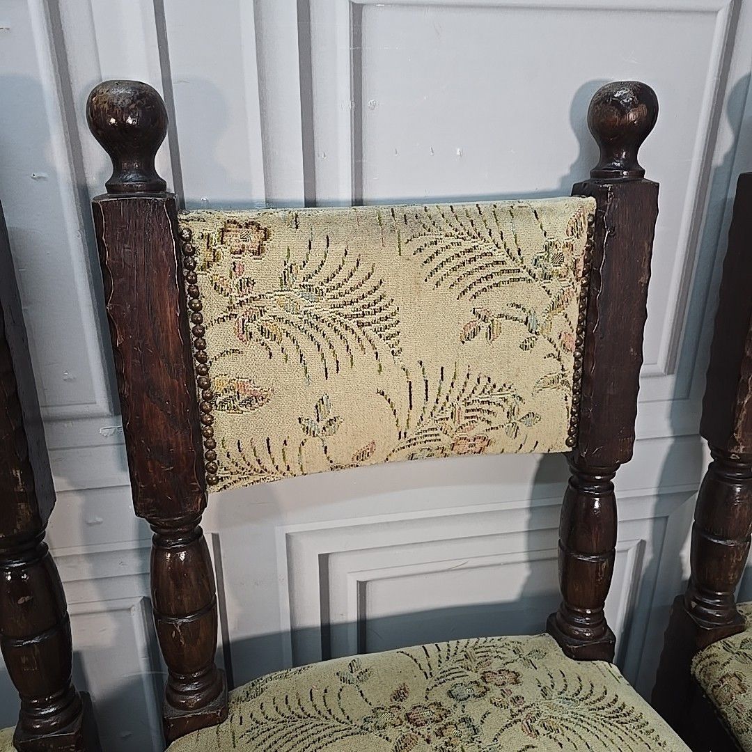 Antique Oak Dining Chairs Set 4 Upholstered Seats Turned Wood Carolean Style photo vintage