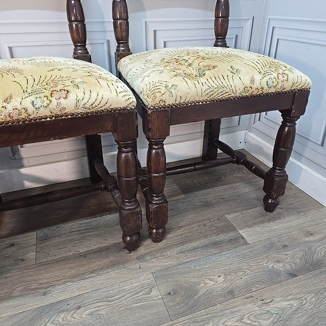 photo vinterior Antique Oak Dining Chairs Set 4 Upholstered Seats Turned Wood Carolean Style