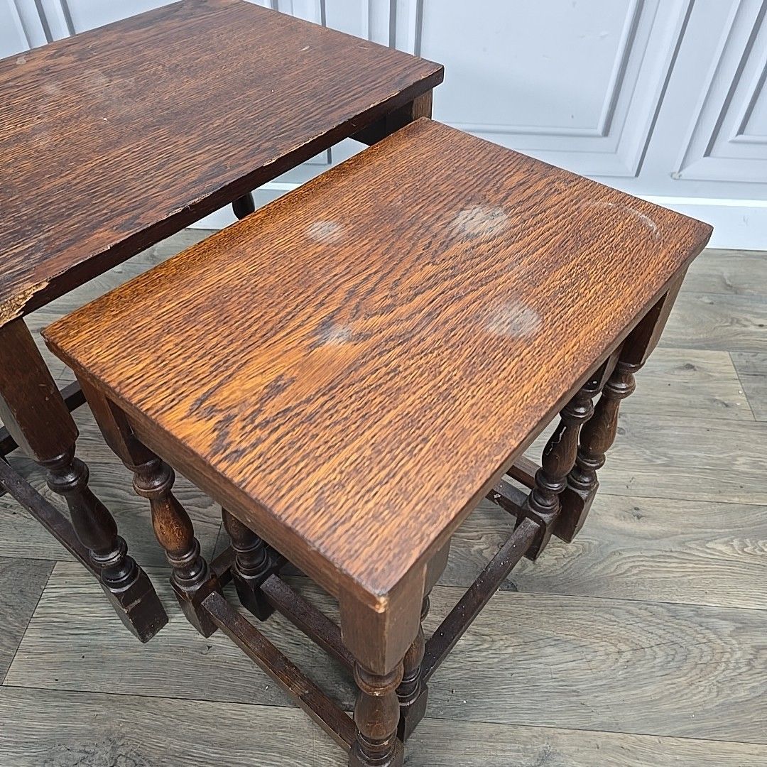 Vintage Nest Of Tables 3 Oak Wooden Coffee Side Lamp Turned Wood Retro Nesting photo vintage