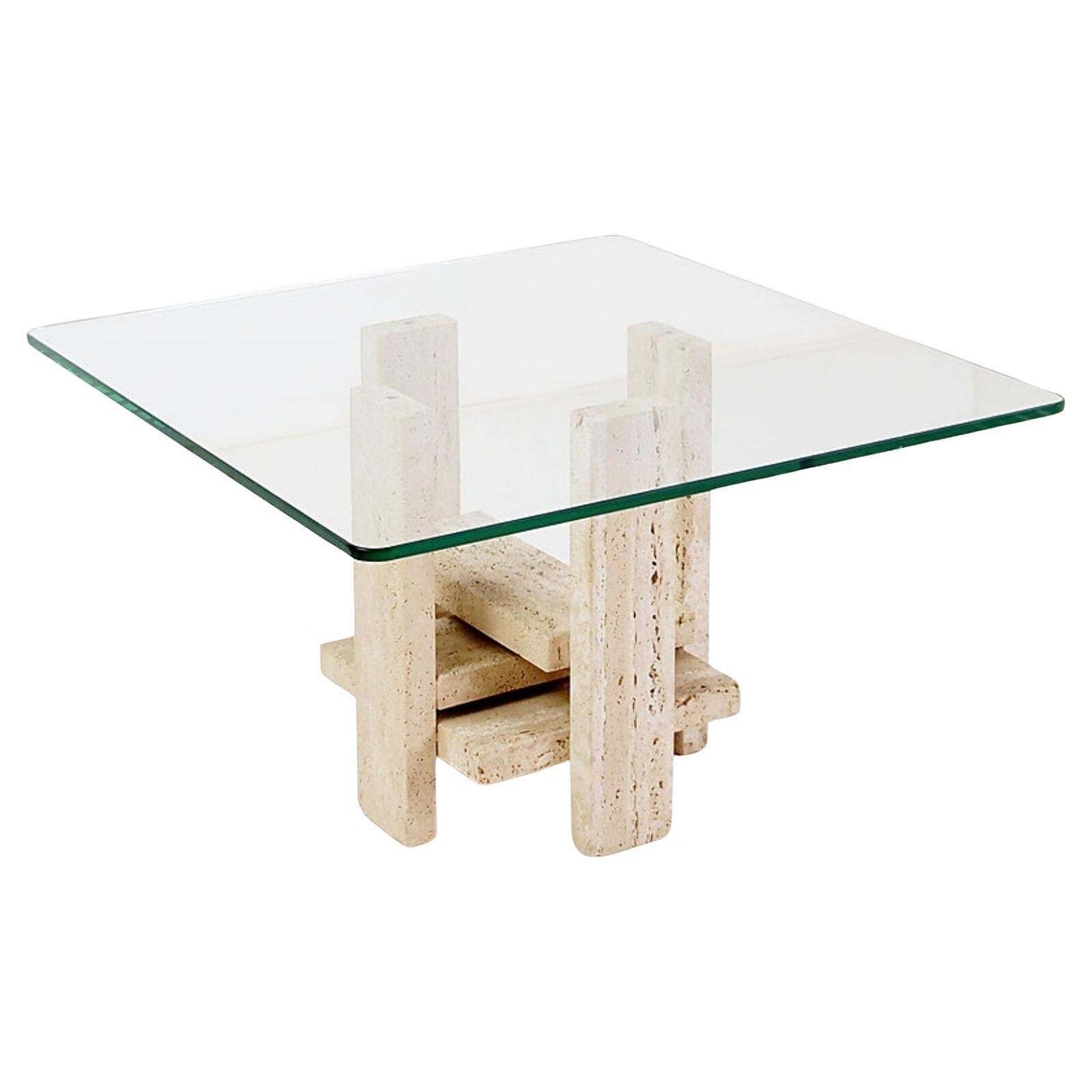 Glass And Travertine Square Coffee Table By Willy Ballez, 1970s (60x60cm)