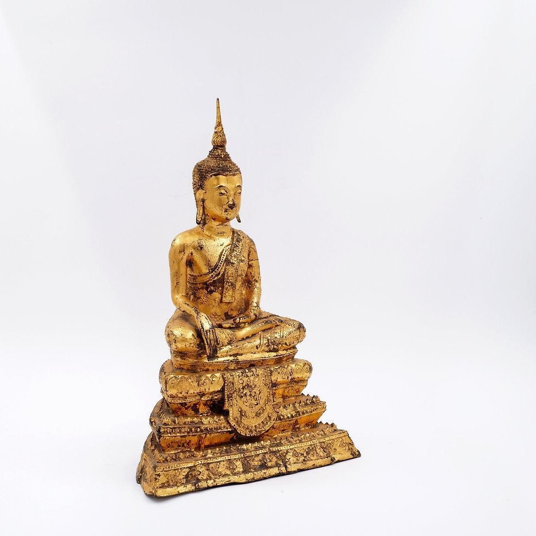 Thai Gilt Bronze Seated Earth Touching Buddha Figure, Late 19th Century photo 1554.0