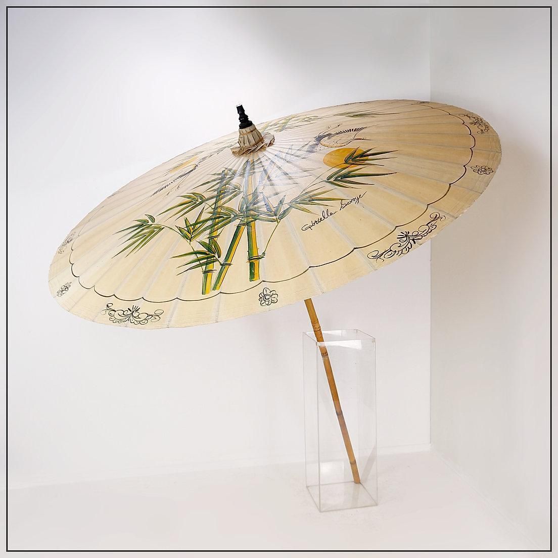 Large Handpainted Asian Parasol On Rice Paper   Chinese Cranes And Bambo ø 215cm photo furniture