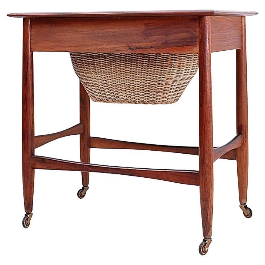Mid Century Modern Scandinavian Teak Sewing Basket End Table   Johannes Andersen