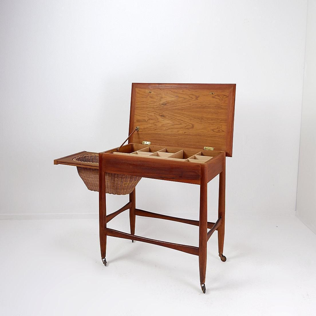 Mid Century Modern Scandinavian Teak Sewing Basket End Table   Johannes Andersen photo vintage