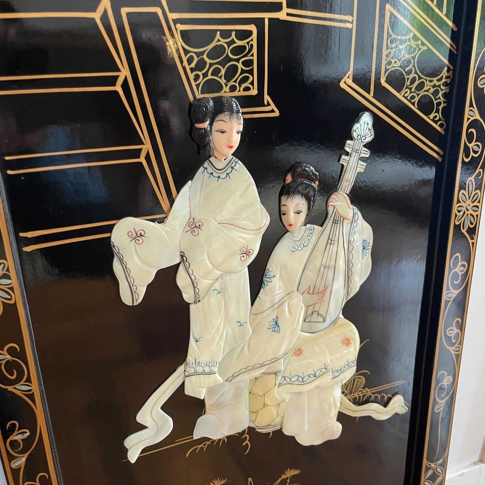 Japanese Soapstone Wall Panels Figures Black Lacquer Pair Oriental Screens Pictures Decorative Asian Wall Hanging photo vinterior