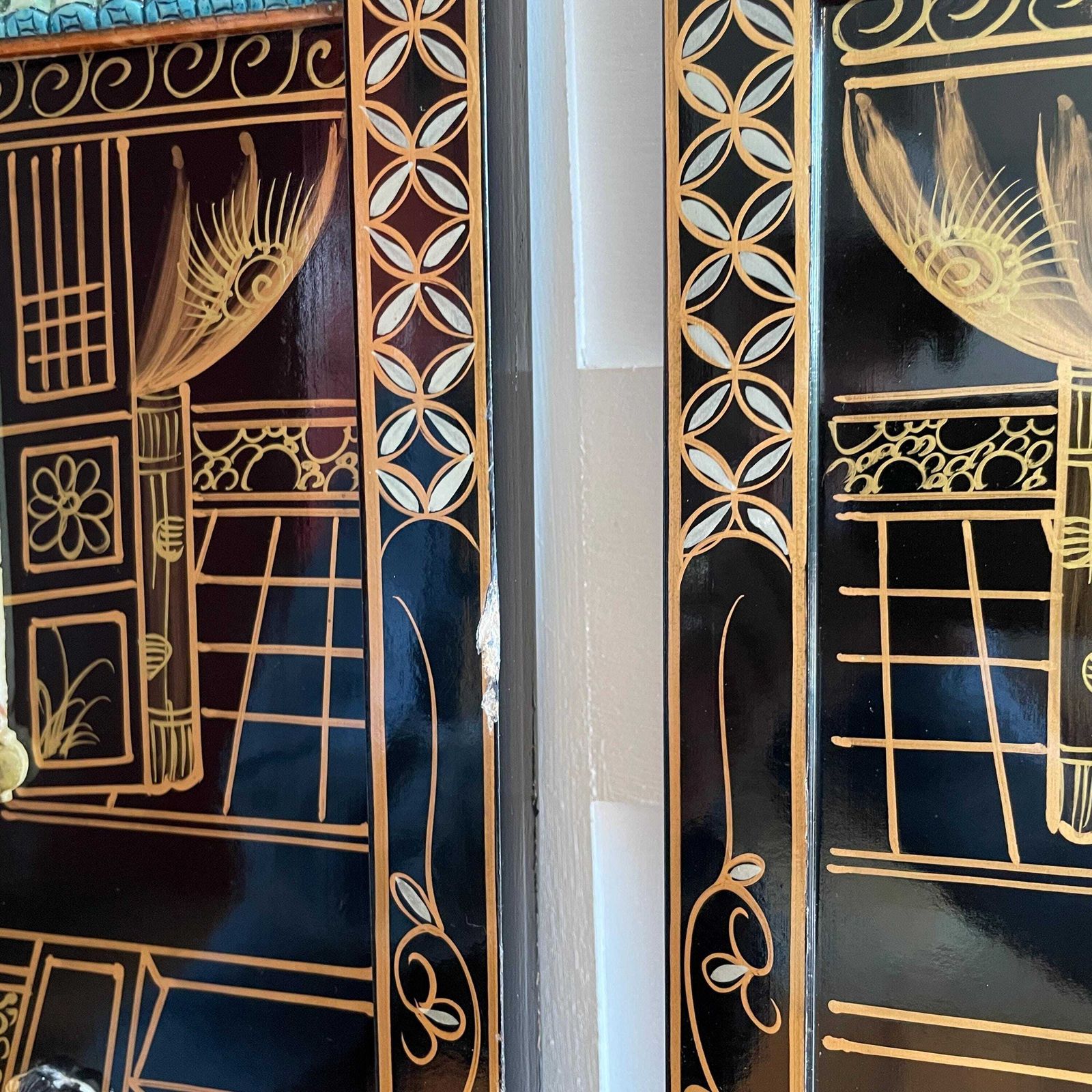 photo for sale Japanese Soapstone Wall Panels Figures Black Lacquer Pair Oriental Screens Pictures Decorative Asian Wall Hanging
