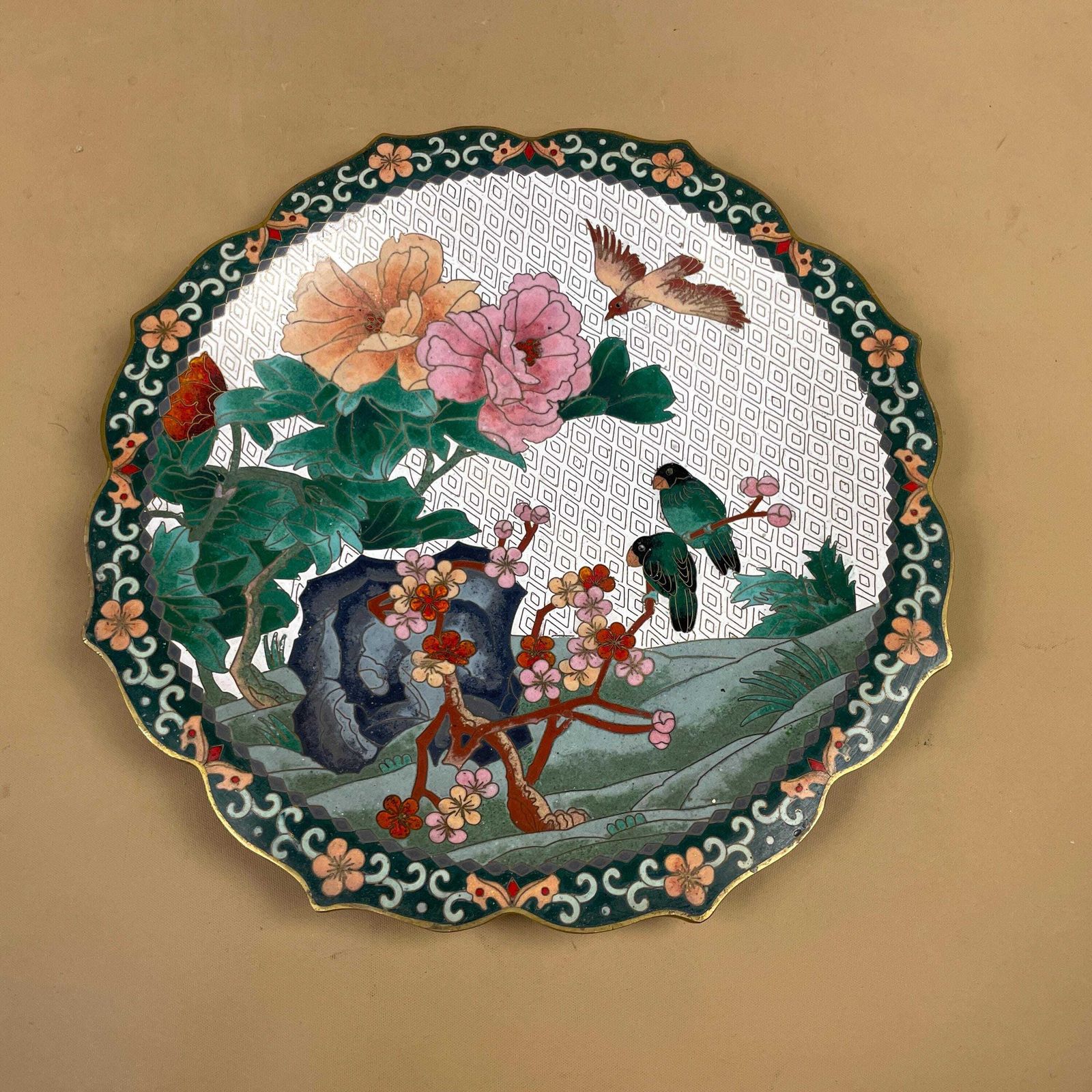 Vintage Chinese Cloisonne Plate Floral Bird Enamel Scalloped Edge Dish Oriental Decorative Charger Display Decor Blue Green