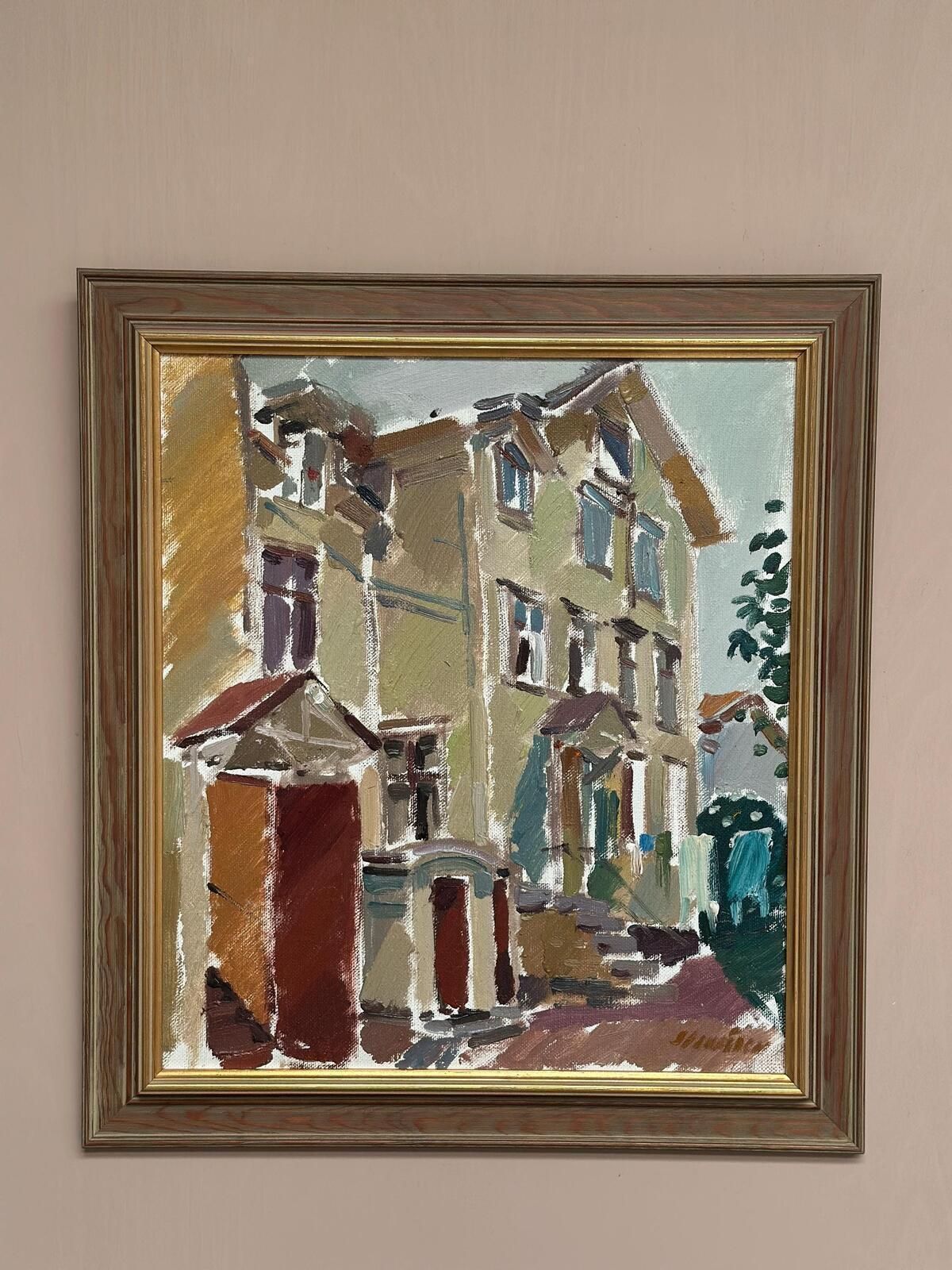 photo for sale Original Swedish Oil On Canvas – “Södra Kyrkogatan 50” By Gösta Stawåsen,  1970 – Vintage & Framed – 69.5 × 62.5 Cm (Approx. 27.4" × 24.6")