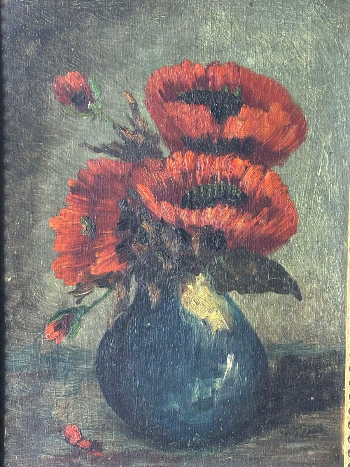 Antique Floral Oil Painting, Red Poppies In Vase With Golden Frame, Moody Antique Wall Art photo for sale