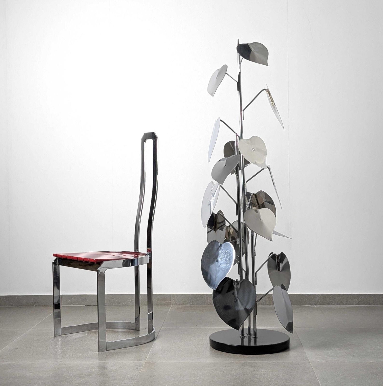 Standing Sculpture With Chrome Leaves And Circular Base, 1970s