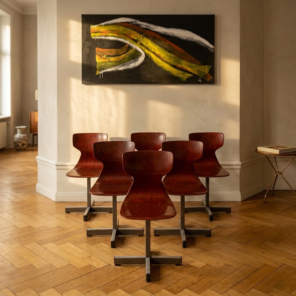 Set Of 6 Mid Century Modern Pagholz Chairs, Molded Plywood Seats, Steel Base, 1960s