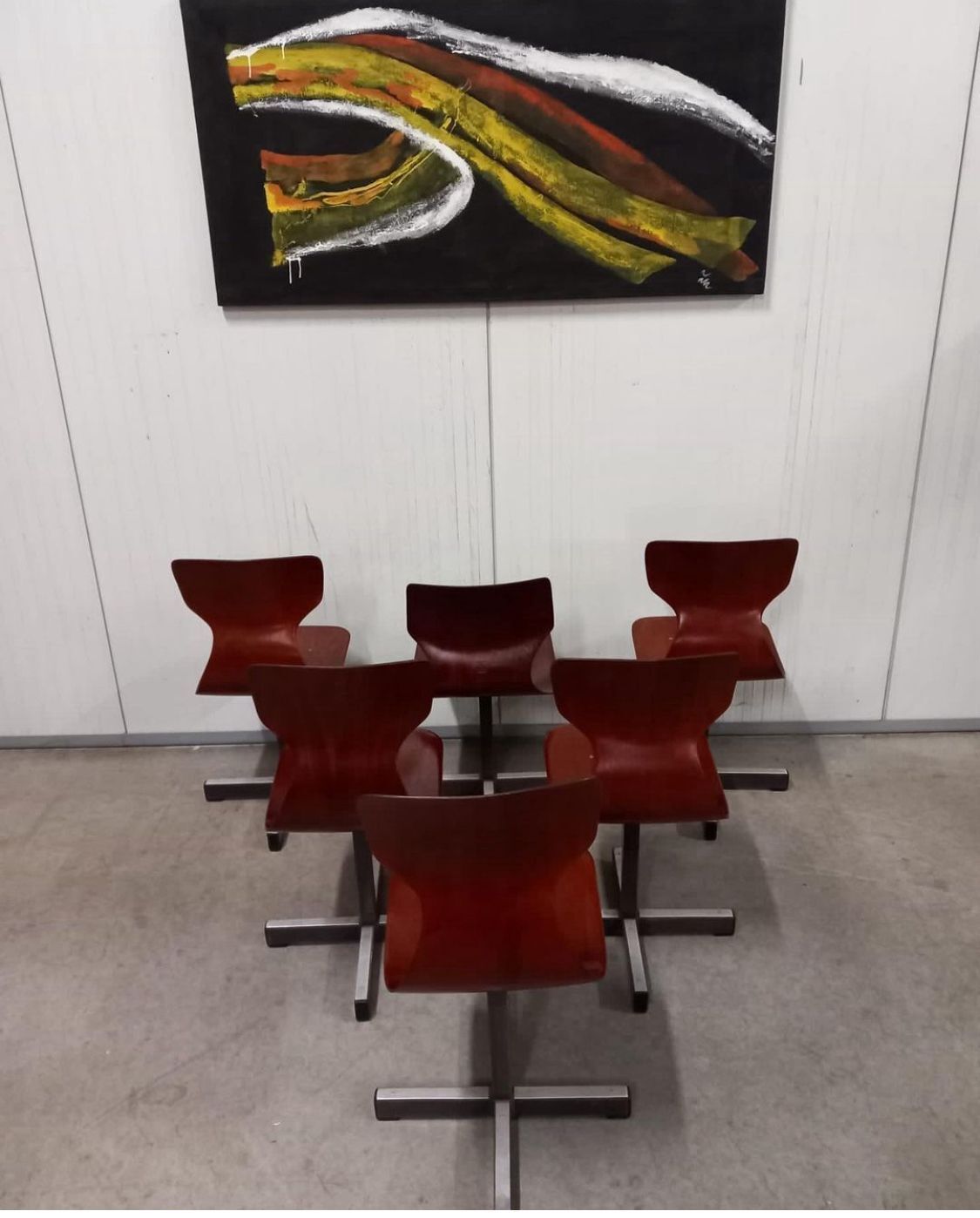 photo for sale Set Of 6 Mid Century Modern Pagholz Chairs, Molded Plywood Seats, Steel Base, 1960s